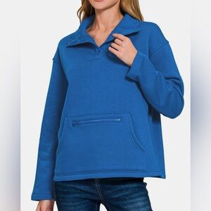 Zenana Outfitters Royal Blue Pullover Snap Collar Fleece